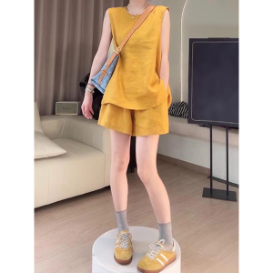 Shalldoer | Casual Sleeveless Round Neck Two-Piece Set Womens Summer Pure Color Loose Fit Comfortable Short Pants Outfit Ensemble