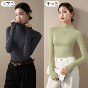 Elegant Half High Collar Slim Fit Womens T-Shirt Unique Beautiful Yellow Base Shirt Waist Cinched Long Sleeve Knitted Top