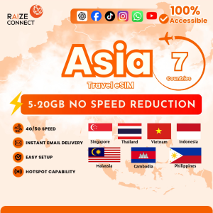 Asia 7 countries eSIM | Vietnam+Philippines Included | 5-20GB High Speed | 30 Days Data Plan | Raize Connect