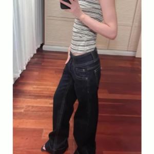 Quần Jeans Nữ Cạp Thấp Ống Thẳng Màu Xanh Thiết Kế Nút Kiểu Dáng Ôm Dáng Phong Cách Y2K Ống Rộng Dài Chất Liệu Denim Mềm Mại Mặc Thường Ngày Dài Chấm Gót.