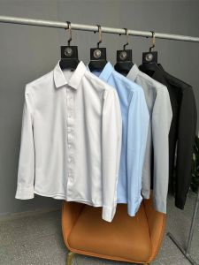 Fleece-lined Heat Preservation and Warm! Four-Sided Elastic Composite Cotton! Fall Winter Men Pure Color Minimalist Business Casual Long Sleeve Shirt