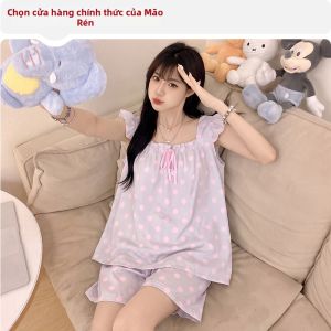 MiiOW | Đồ Mặc Nhà Nữ Mùa Hè Chất Liệu Lụa Đá Có Chấm Bi Tay Bồng