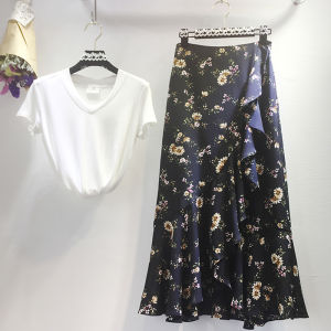 2023 Spring and Summer Homemade Elegant Little Daisy Floral Skirt Fishtail Asymmetrical Ruffles Midi Vintage Small Size
