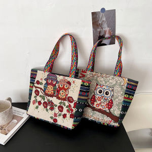 Fashionable Embroidered Canvas Handbag Womens Mini Cartoon Printed Tote Bag Stylish Retro Style Shopping Bag for Daily Use