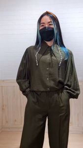 4824 Sharine Button Collar Puffy Long One Set Wanita