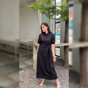 Dress Wanita Muslimah Womens New Series Alana Dress Bahan Linen Premium A-Line Panjang Maxi Dress Casual Lengan Pendek Long Dress Kerah Kemeja Panjang Busui Dress Motif Polos