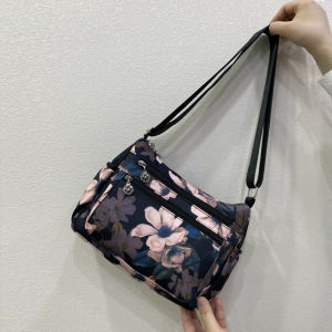 กระเป๋าผ้าไนลอนลายขนมจีบ กระเป๋าสะพายไหล่ผ้าใบแบบลำลองสำหรับผู้หญิง กระเป๋าสะพายข้างลายดอกไม้สำหรับคุณแม่และคุณยาย