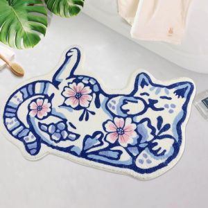 VIKAMA Cute Lying Cartoon Cat Bath Mat Soft Fluffy Non Slip Pet Lover Housewarming Gift Girls Bedroom Decor Rug