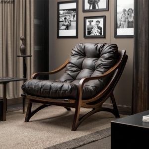 Luxurious Black Walnut Wooden Leather Sofa Chair for Living Room Modern Simple Style High Elastic Foam Sponge Backrest Recliner