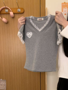 Butterfly Knot Heart Lace Splicing V-neck Short Sleeve T-shirt Women Small Size Shoulder Short Model Korean Style Cotton Blend