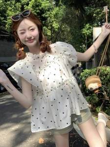 เสื้อเชิ้ตแขนพองลายจุดสไตล์ฝรั่งเศสสำหรับผู้หญิงในช่วงฤดูร้อน เสื้อเชิ้ตแขนยาวทรงเข้ารูปบางๆ ทรงเข้ารูป ทรงเข้ารูป สไตล์เกาหลี