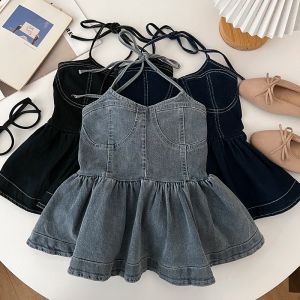 Fashionable Retro Spicy Girl Denim Shirt with Slimming Design and Neck Tie Detailing Womens Sling Top for Summer