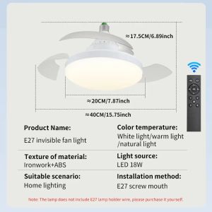 2-in-1 Ceiling Fan Light with Remote Control 30W LED Socket Fan E27 Cordless Spiral Fan Kitchen Bedroom Small Room Lighting