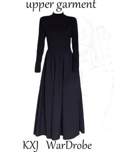 Black Hepburn Style High Collar Modal Knitted Long Dress Womens Spring Autumn Slimming Waist Cinched Bottoming Dress