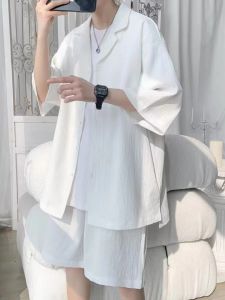 White Short Sleeve Shirt for Men Summer Thin Ice Silk Set Standard Fit Cuban Collar Pure Color Casual Fashionable Youthful