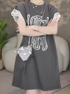 Gray Design Sense Lace Splicing Short Sleeve Womens Dress Summer New Loose Slimming Midi Skirt Cotton Polyester Blend