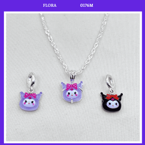 FLORA 0176M - [Có bán lẻ] Vòng cổ dây chuyền bạc ta hình Kuromi màu tím đen đeo nơ dành cho bé gái