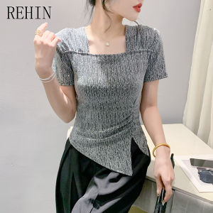 REHIN summer new square neck pleated irregular short-sleeved T-shirt fashion elegant womens top