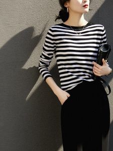 เสื้อสเวตเตอร์ถักคอตั้งแขนยาวผู้หญิง ทรงหลวม แขนยาว ทรงปกติ ฤดูใบไม้ผลิและฤดูใบไม้ร่วง ลายทาง เสื้อสเวตเตอร์ถัก