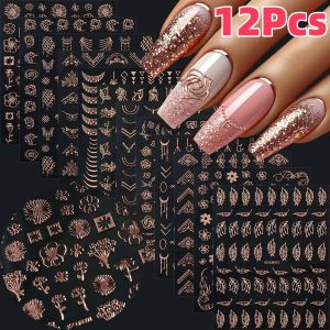 12pcs 3D Rose Gold French Flower/Line Nail Stickers Retro Bronzing Floral Self-Adhesive Nail Decals Luxurious DIY Manicure Decor