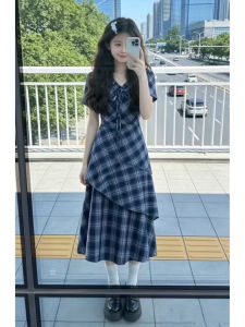 NIUVIES | Summer Fashion Slim Fitting Long Dress Blue Plaid Short Sleeves