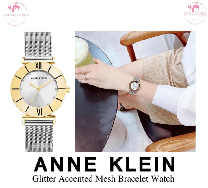 Anne Klein Women's AK/3781SVTT Glitter Accented Mesh Bracelet