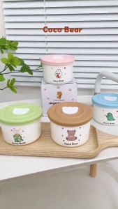 Hủ Sứ ăn Dặm Coco bear có chia mlThố Sứ có nắp đậy kèm van thoát khí hình họa tiết