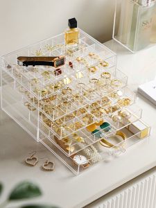 Large Capacity Jewelry Box Portable Storage Organizer with Drawers for Earrings and Necklaces Fashionable Grid Design