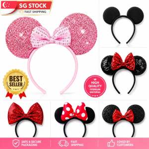 [SG] Mickey Minnie Mouse Ears Headband with Red Glittery Bow for Party and Costume Use