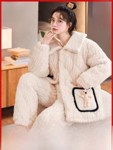 miiow | Thickened Coral Fleece Pajamas Womens Autumn Winter Home Clothes Set Flannel Sleepwear Long Sleeve Cute Cartoon Print Youth Size