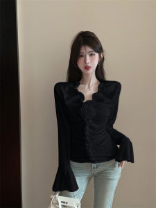 GUZILIAN | Shoulder Pad Long Sleeve V-Neck Womens T-Shirt Bell Sleeve Base Shirt Inner Wear Sweet Spicy Girl Style Autumn Fashion Flower