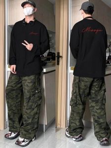 เสื้อยืดแขนยาวสีดำแบบลำลองสำหรับผู้ชาย สไตล์อเมริกัน ทรงหลวม ปกติ ผลิตจากผ้าฝ้าย สำหรับฤดูใบไม้ผลิและฤดูใบไม้ร่วง