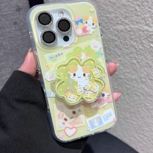 Lucky Four-leaf Clover Cat Pattern Phone Case Glass Shell Protective Cover for Apple 16 iPhone 15 pro Max Cute 14 Good Looking Simple Creative 12 plus