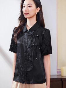 WANGGONGZHU | เสื้อเชิ้ตผู้หญิงแขนสั้นสไตล์จีนใหม่ ดีไซน์เก๋ไก๋ ผ้าฝ้ายผสมโพลีเอสเตอร์ ทรงตรง ปกติ คอโปโล ฤดูร้อน 2024