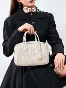 Cnoles Folded Bowling Bag Womens Handbag Shoulder Crossbody Bag Casual Leisure British Style Soft Cowhide Leather Tote Bag