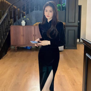 Váy Dài Cạp Cao Bằng Vải Nhung Lụa Đen Ôm Vừa Vặn Cho Tiệc Tùng Mùa Thu Đông Váy Dài Cạp Cao Có Chi Tiết Cắt Xẻ Bên Hông Váy Dự Tiệc