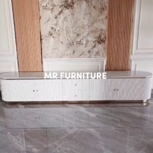 Meja TV Oval Salur Lis Stainless Gold Top Marmer Putih Carrara
