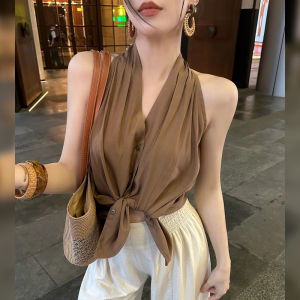 Chic V-Neck Sleeveless Shirt Womens Summer 2025 New Design Sweet Spicy Versatile Beautiful Small Top Korean Style Straight Cut