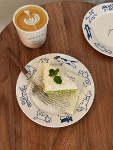 Blue Ceramic Dog Dish Cute Cartoon Dessert Plate Western Dining Dish round Shape Flat Plate Animal Series Pattern Universal Use