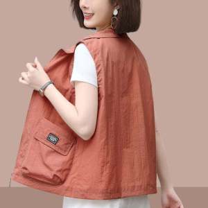 Slimming Thin Womens Vest Summer New Style Small Size Sleeveless Outerwear Versatile Commute Pocket Detail Pure Color