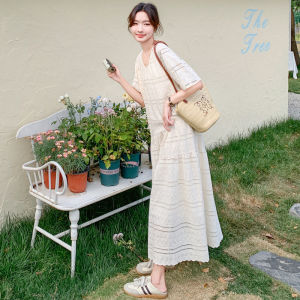 Slimming Effect Lace Embroidery Print Loose Summer Casual Long Dress Womens A-Line Midi Dress Korean Style V-Neck Sleeveless