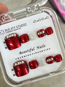 White Mirror Red Toenail Finished Fake Feet Nail Patch Bride Nail Stickers for Pregnant Women Available Elegant Toenail
