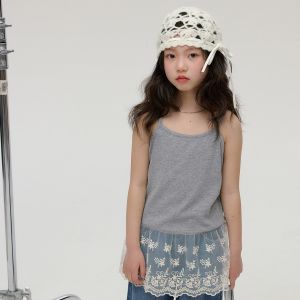 Lace Patchwork Skirt Vest Top for Girls Kids Clothing Layered Wear Shoulder Strap mid Large Childrens Vest Korean Style Summer T-shirt