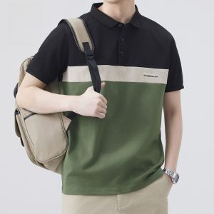 ROMON | เสื้อยืดคอโปโลผู้ชายฤดูร้อนบางๆ ผ้าไหมน้ำแข็งระบายอากาศได้ดี แขนสั้น ครึ่งแขน สีบล็อก แฟชั่นลำลอง ผ้าฝ้ายผสมโพลีเอสเตอร์