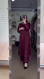 ONE SET TUNIK POLOS SHIMER PREMIUM - SETELAN TUNIK SHIMER NEW CELANA KULOT - ONE SET WANITA TERBARU