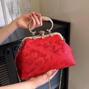 กระเป๋าสะพายไหล่ผู้หญิงสีแดงสำหรับเจ้าสาวสไตล์จีนย้อนยุค กระเป๋าสะพายข้างแบบสะพายข้างขนาดกลางสำหรับวัยรุ่น กระเป๋าสะพายประจำวัน