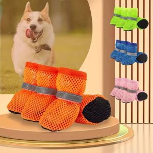 4 Pcs/Set Dog Shoes Adjustable Anti-Slip with Reflective Strips Mesh Dog Boots Puppy Breathable Paw Protectors