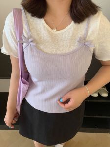 กระโปรงสแลบเข้ารูปสีตัดกันสไตล์ลำลองสำหรับเดตกาพันนกปีกคซึ่บแต่อ้อยคอเตี้ยแขนสั้นสำหรับผู้หญิงแฟ็ต