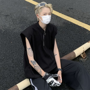 American-Style Pure Cotton Heavy Weight Half Zipper Vest Mens and Womens Niche Design Padded Shoulder Detachable Sleeveless Solid Color Waistcoat T-shirt