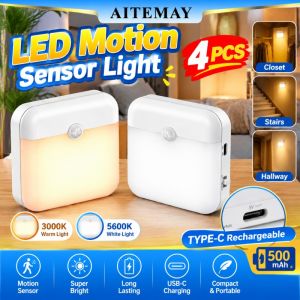 Aitemay 4pcs Motion Sensor Light USB Type C Rechargeable LED Lamp Auto On Off For Wardrobe Kitchen Stair Cabinet Bedroom Lighting